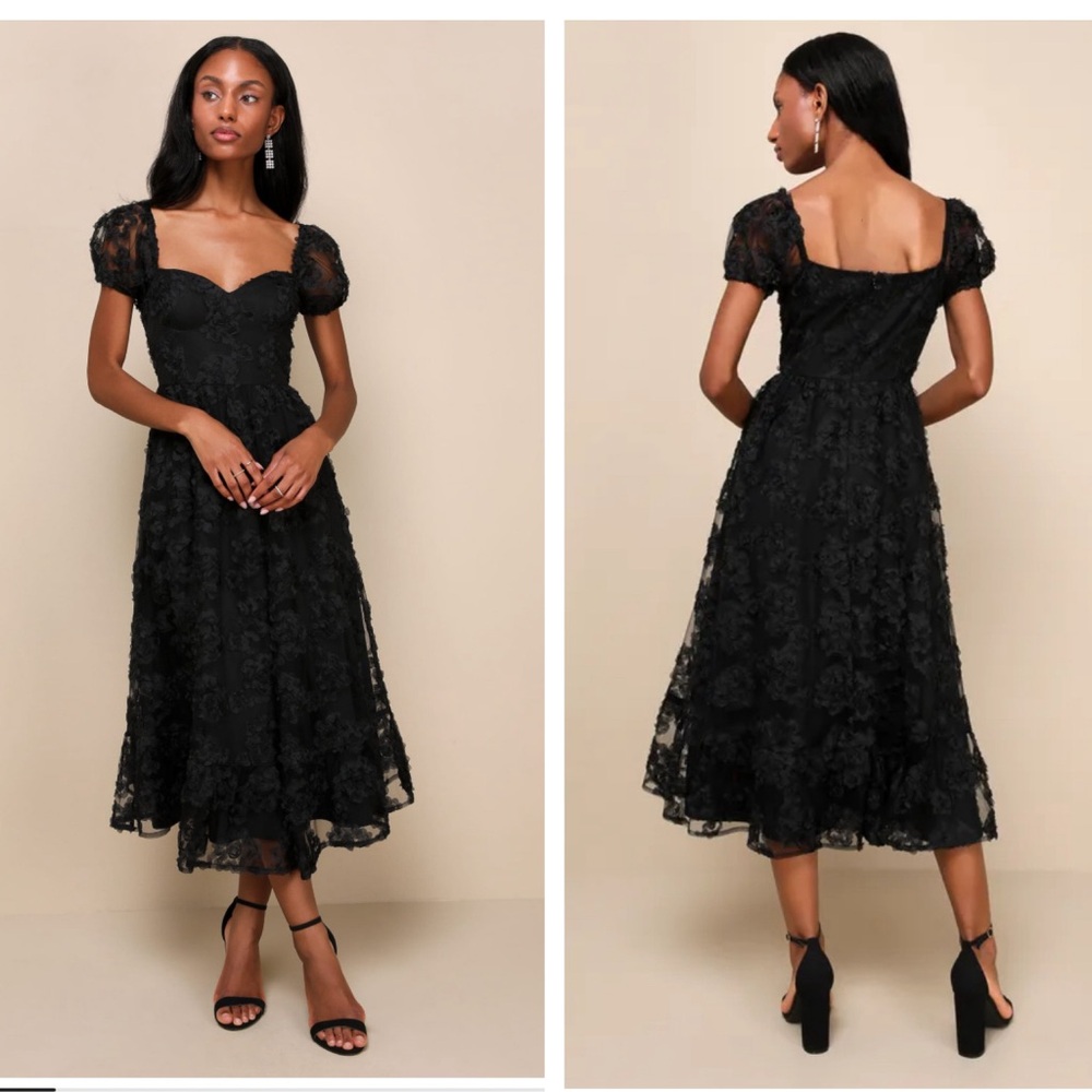 NWT Notable Elegance Black Mesh Floral Applique Bustier Midi Dress